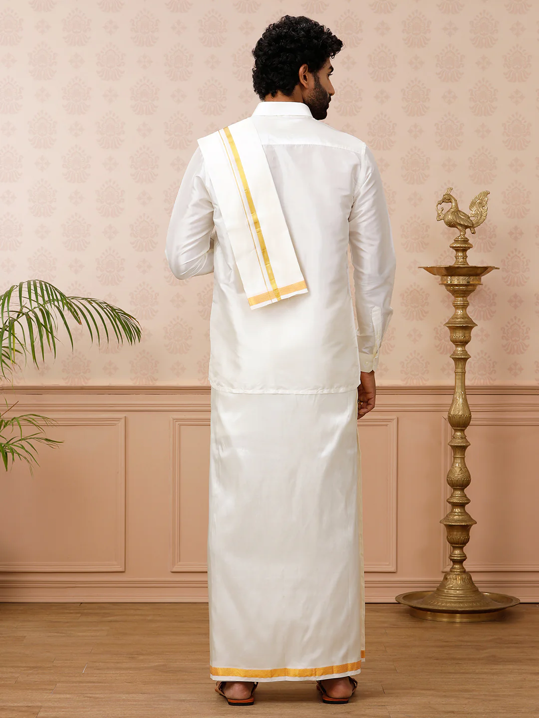 Men Pure Silk Cream with 1/2" inch Jari Border Dhoti Shirt & Towel Set - Image 3