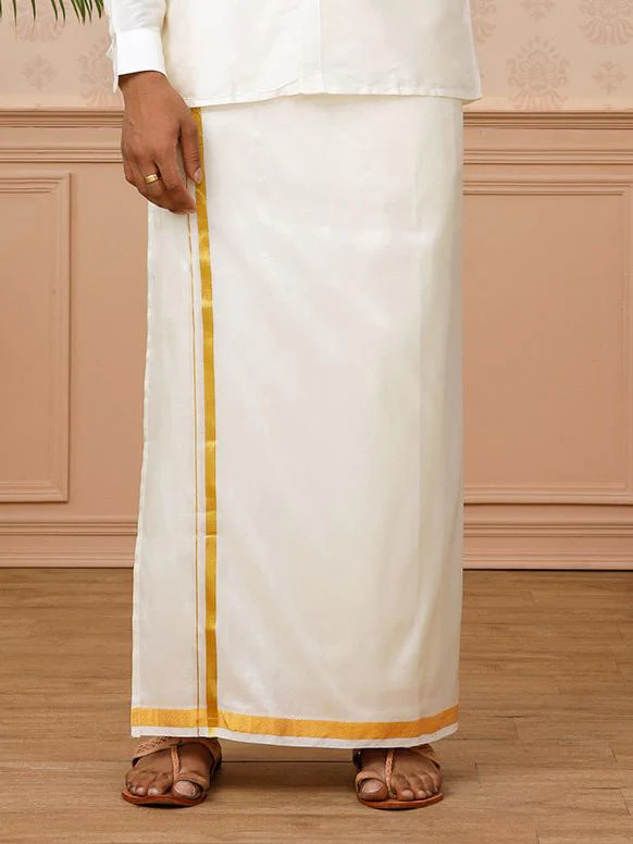 Men Pure Silk Cream with 1/2" inch Jari Border Dhoti & Shirting Purna Mithra - Image 3