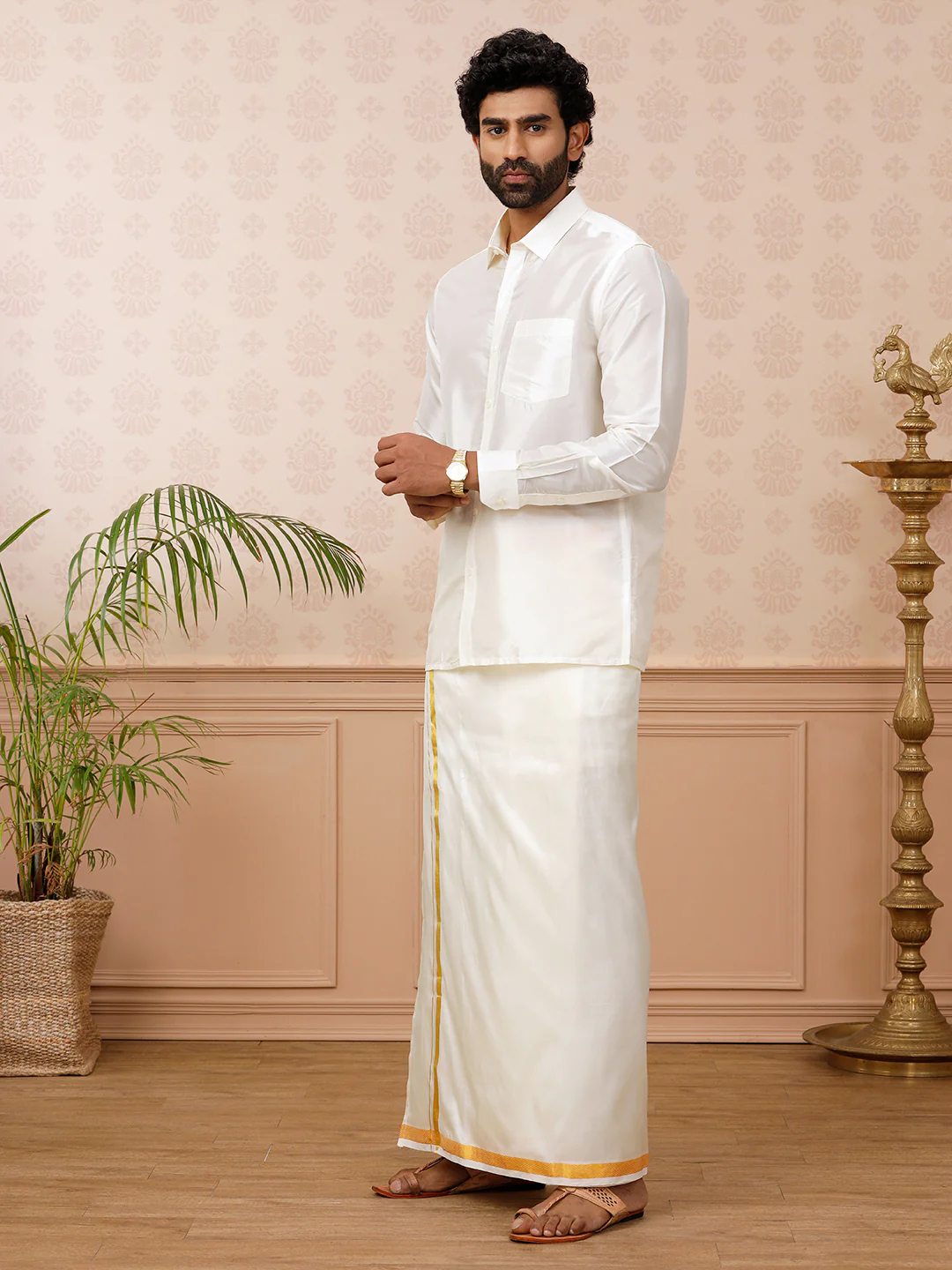 Men Pure Silk Cream with 1/2" inch Jari Border Dhoti & Shirting Purna Mithra - Image 5