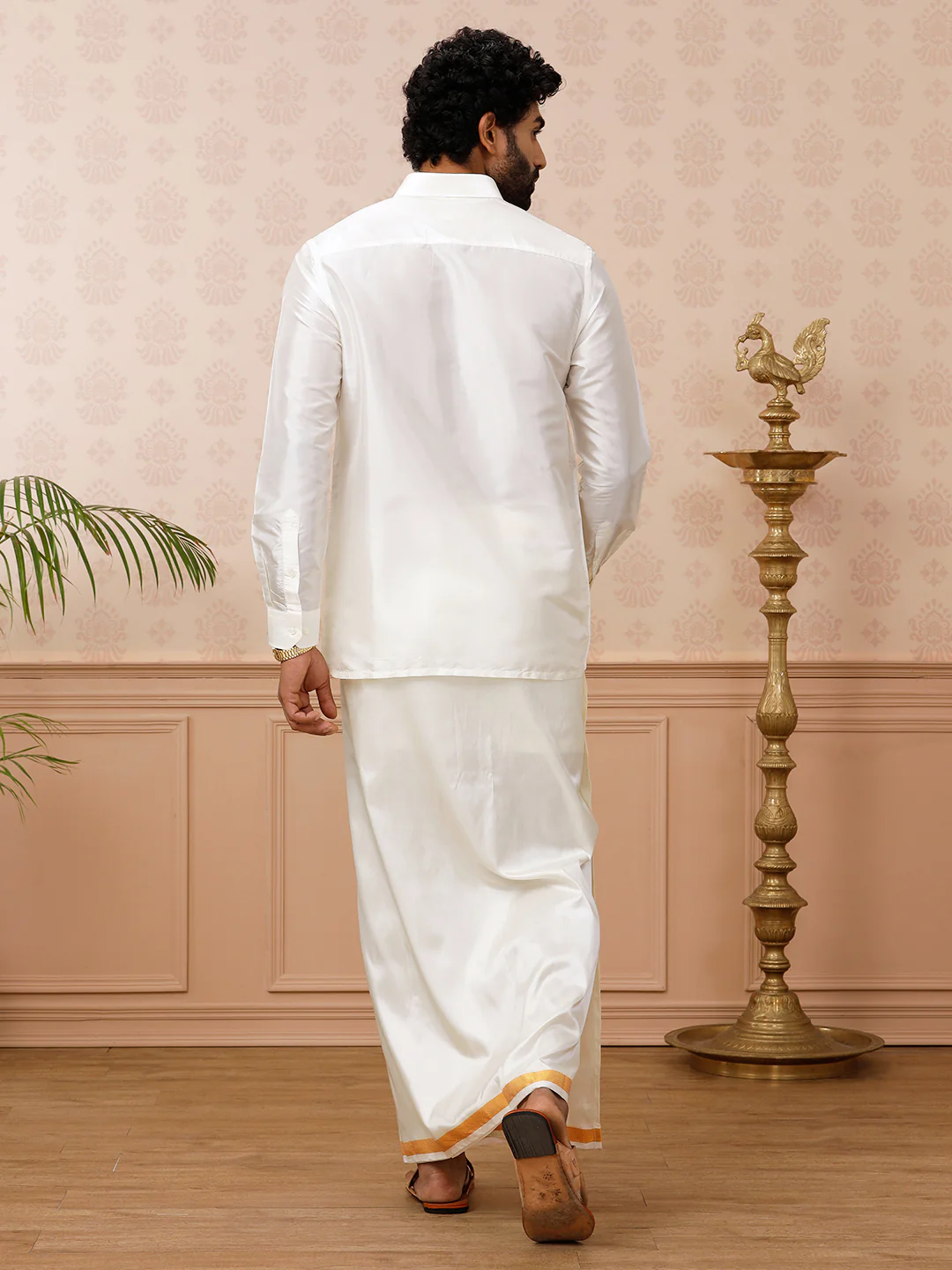 Men Pure Silk Cream with 1/2" inch Jari Border Dhoti & Shirting Purna Mithra - Image 6