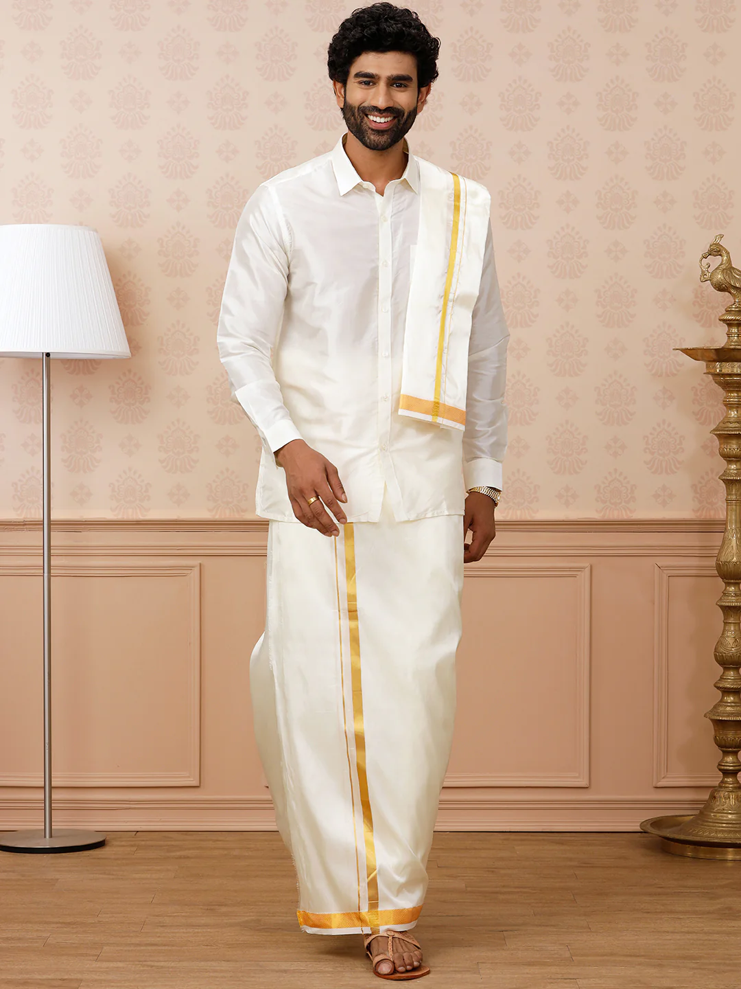 Men Pure Silk Cream with 1/2" inch Jari Border Towel Rajahamsa - Image 3