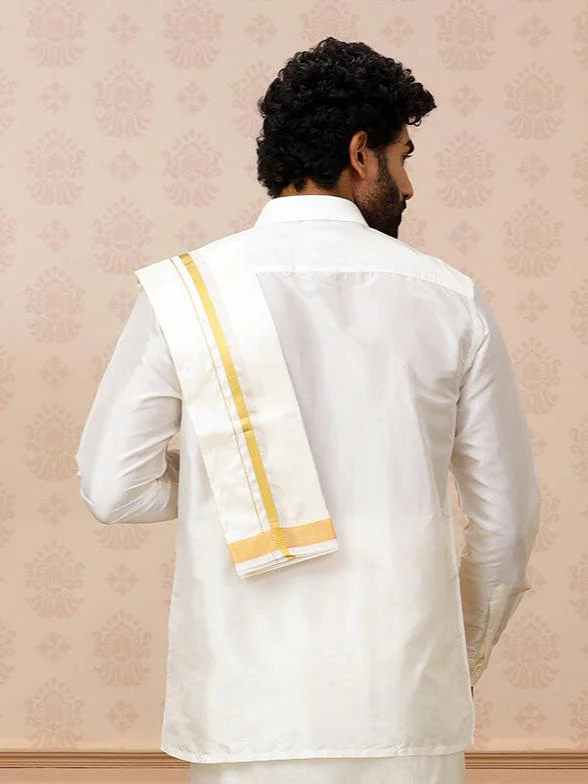 Men Pure Silk Cream with 1/2" inch Jari Border Towel Rajahamsa - Image 4