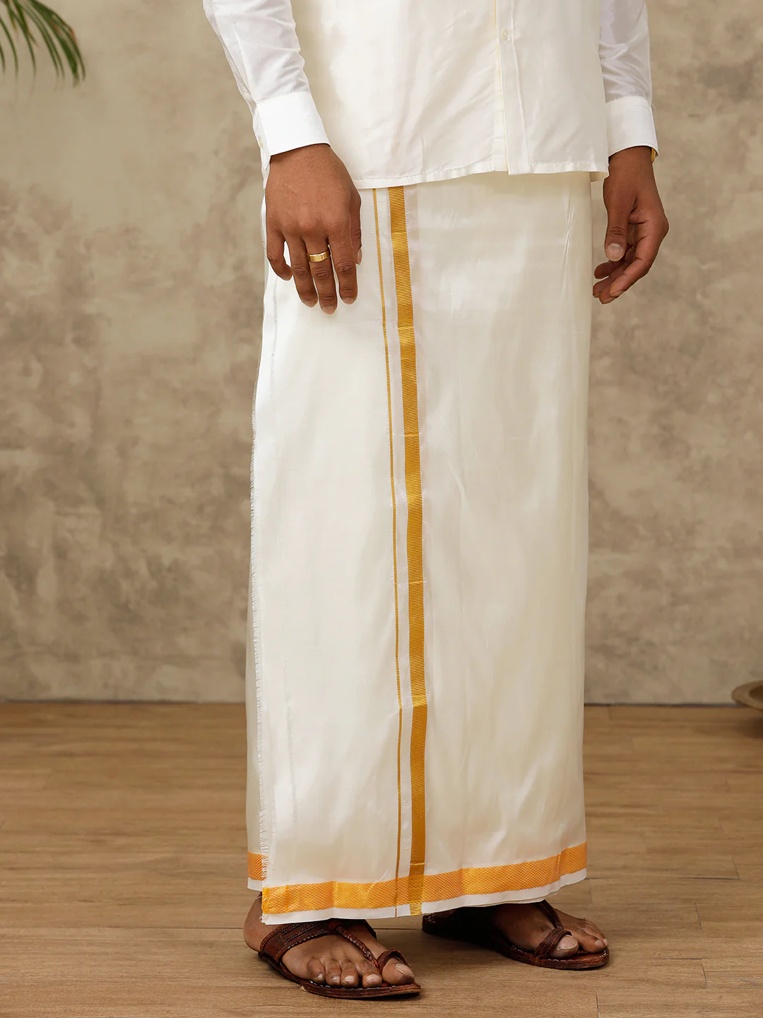 Men Pure Silk Cream with 1" inch Gold Jari Border Dhoti & Shirting Purna Mithra - Image 4