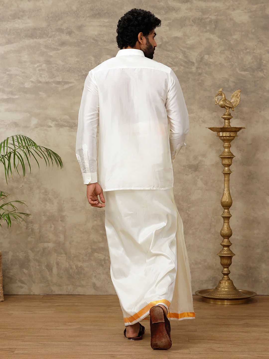 Men Pure Silk Cream with 1" inch Gold Jari Border Dhoti & Shirting Purna Mithra - Image 5