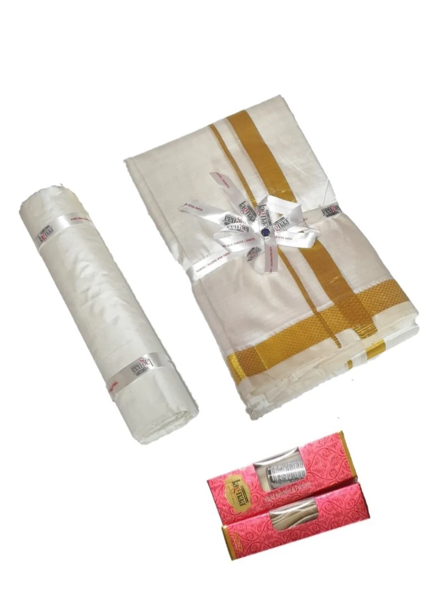 Men Pure Silk Cream with 1" inch Gold Jari Border Dhoti & Shirting Purna Mithra - Image 6