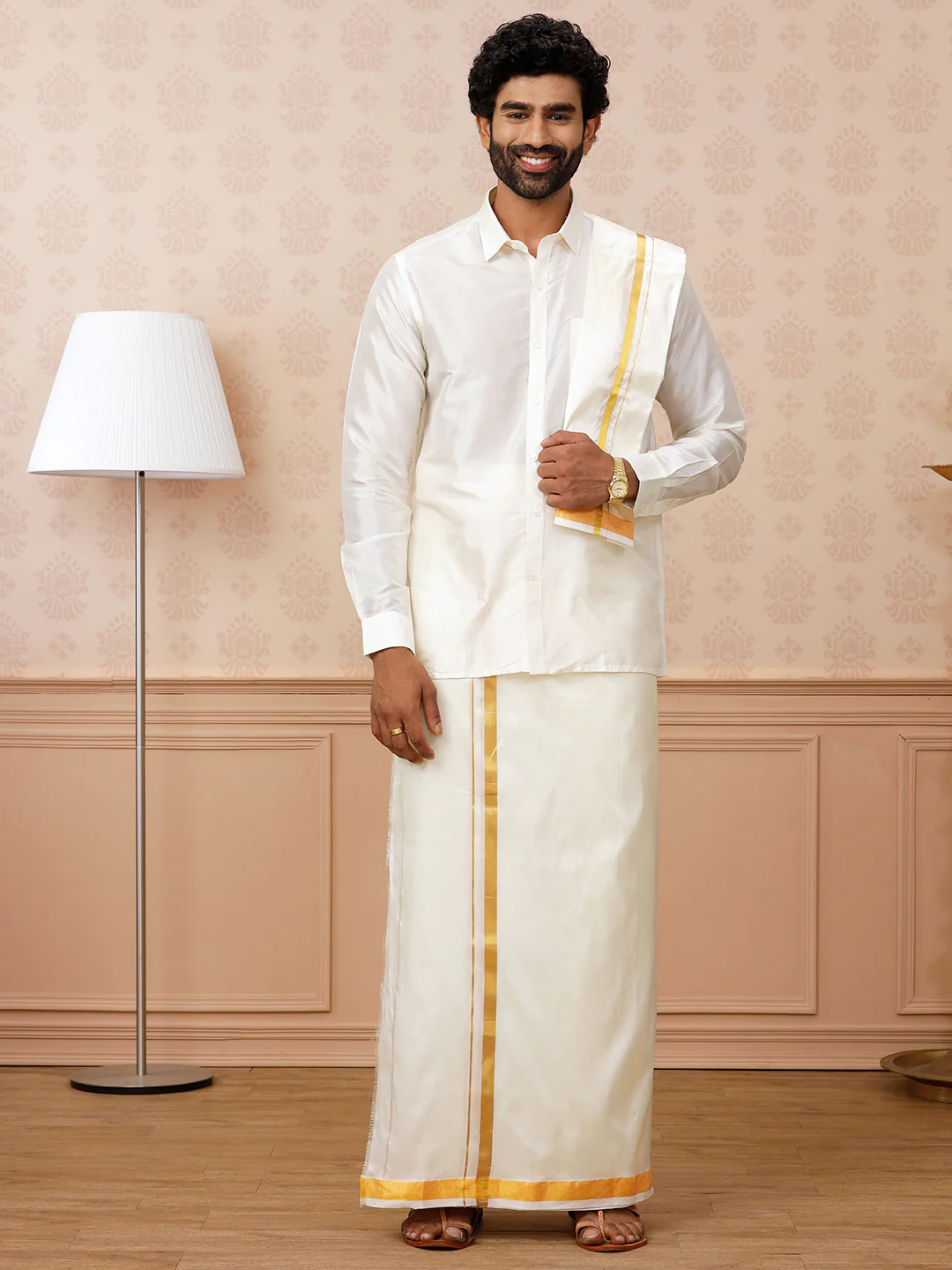 Men Pure Silk Cream with 1" inch Jari Border Dhoti Shirt & Towel Set - Image 3