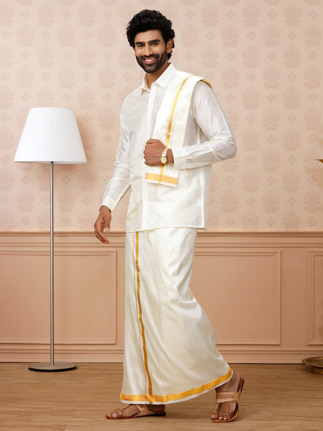 Men Pure Silk Cream with 1" inch jari Border Dhoti & Towel Set Thirukalyan - Image 4