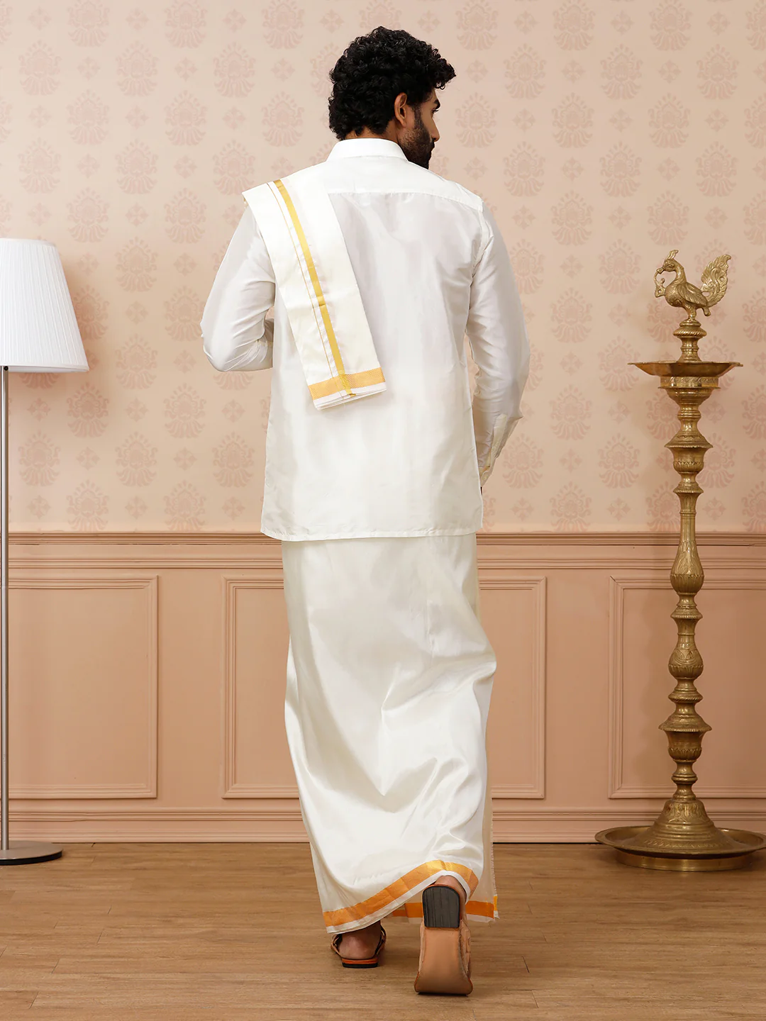 Men Pure Silk Cream with 1" inch jari Border Dhoti & Towel Set Thirukalyan - Image 5