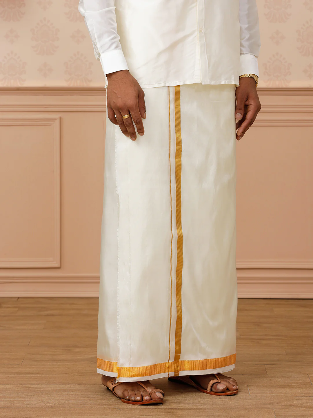 Men Pure Silk Cream with 1" inch Jari Border Double Layer Dhoti Upasana - Image 2