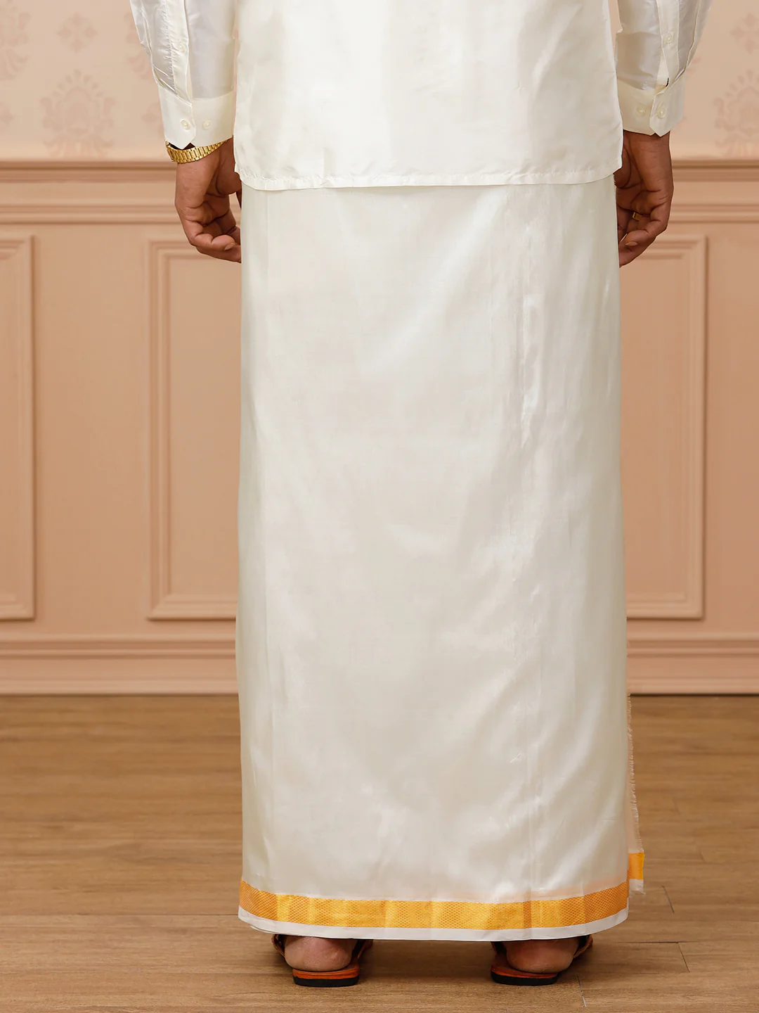 Men Pure Silk Cream with 1" inch Jari Border Double Layer Dhoti Upasana - Image 3