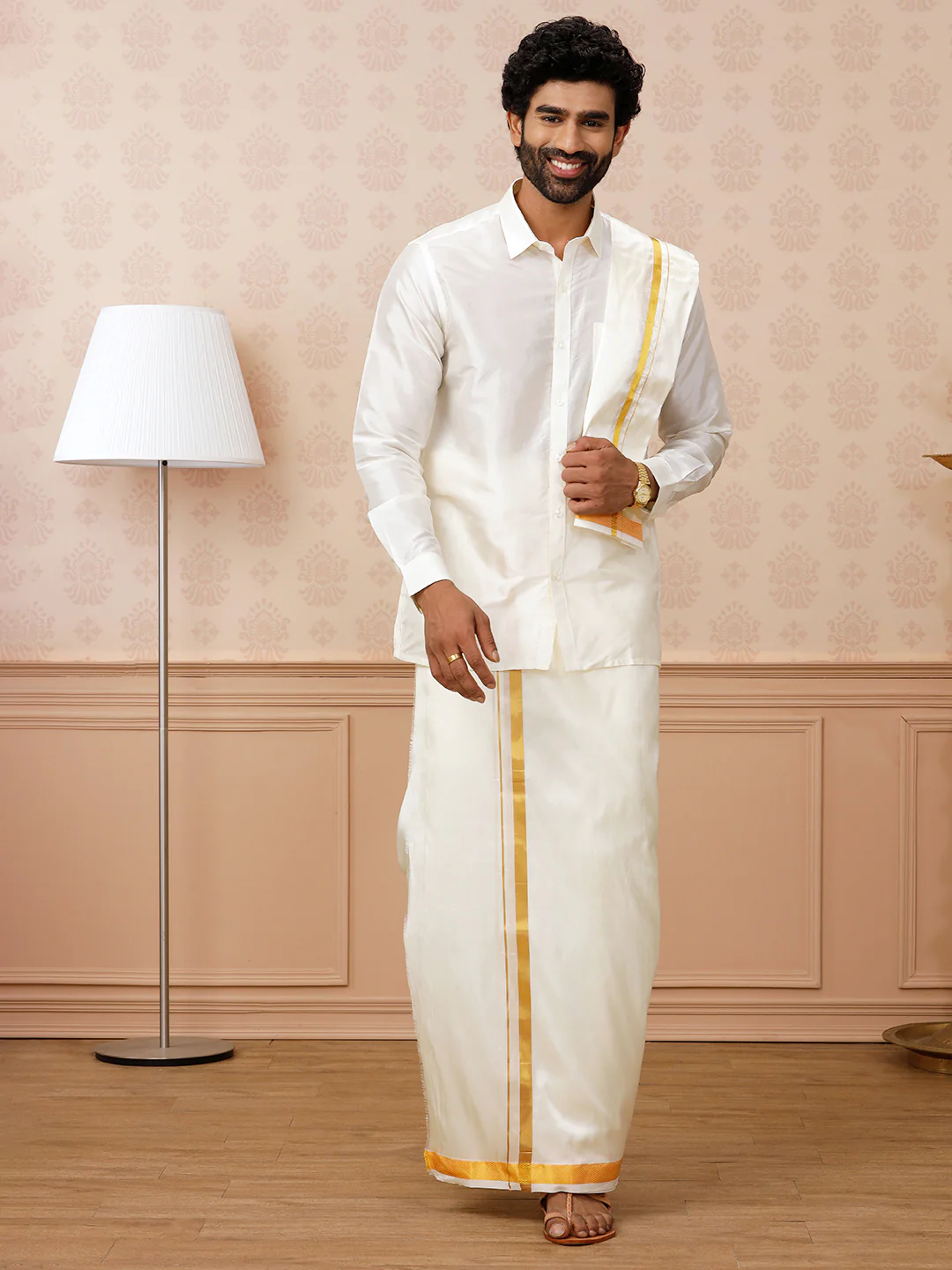 Men Pure Silk Cream with 1" inch Jari Border Double Layer Dhoti Upasana - Image 4