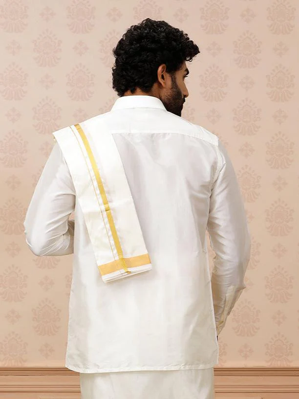 Men Pure Silk Cream with 1" inch Jari Border Towel Rajahamsa - Image 4