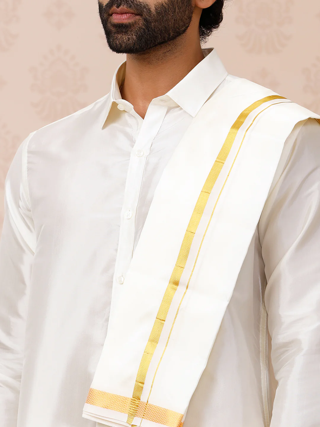Men Pure Silk Cream with 3/4" inch Gold Jari Border Dhoti Shirt & Towel Set Thirukalyan - Image 3