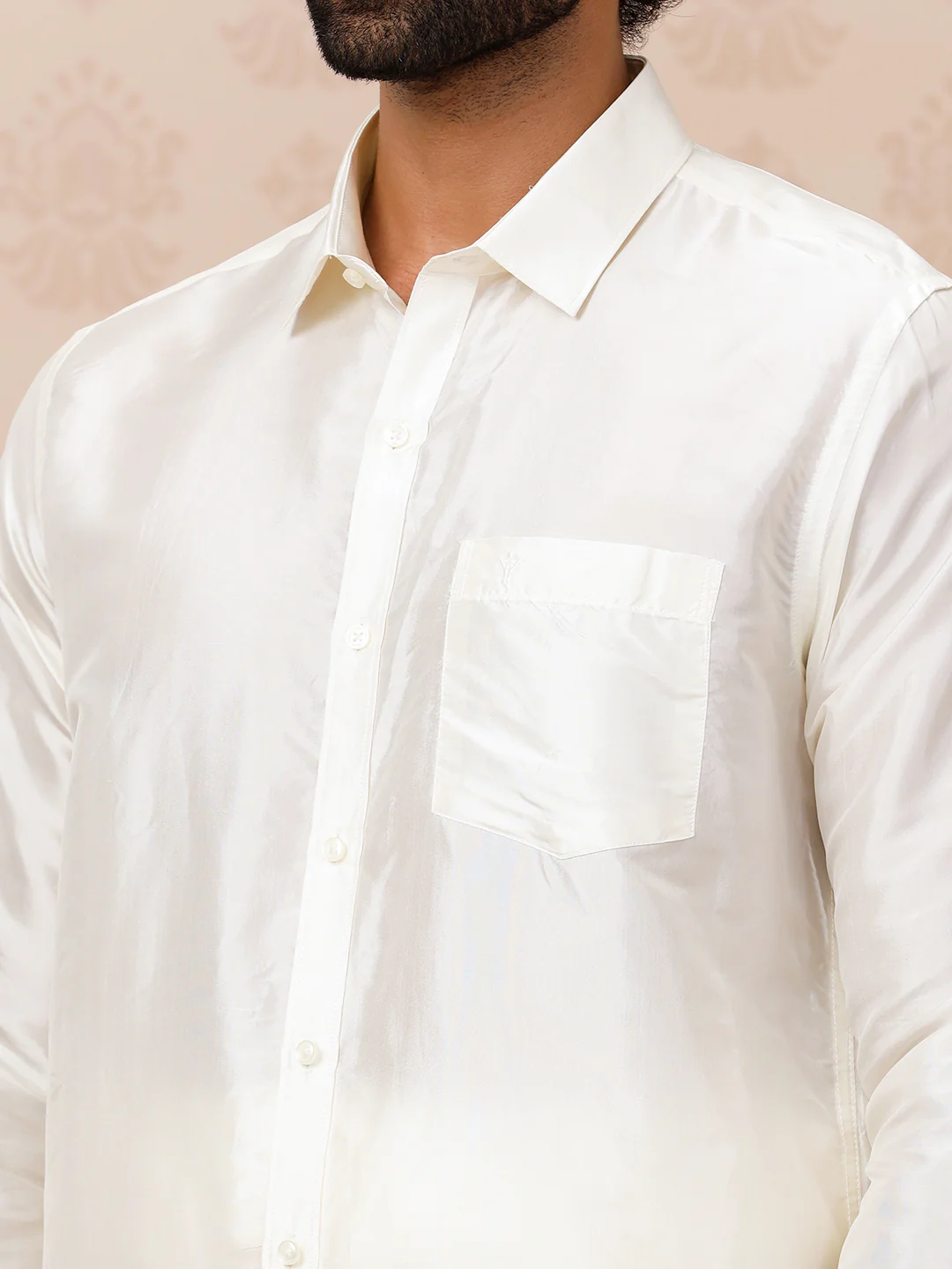 Men Pure Silk Cream with 3/4" inch Gold Jari Border Dhoti Shirt & Towel Set Thirukalyan - Image 6