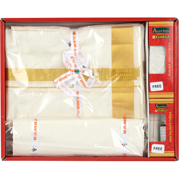 Men Pure Silk Cream with 3/4" inch Gold Jari Border Dhoti & Shirting Purna Mithra - Image 3