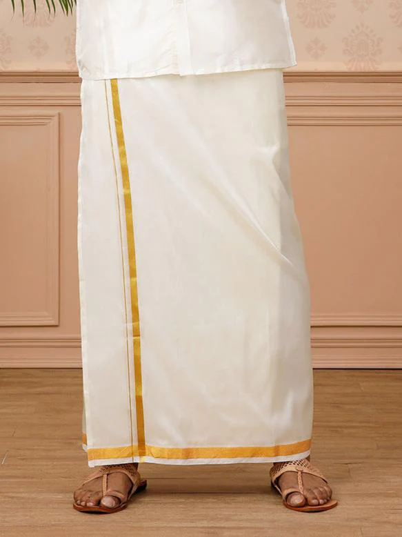 Men Pure Silk Cream with 3/4" inch Gold Jari Border Dhoti & Shirting Purna Mithra - Image 4