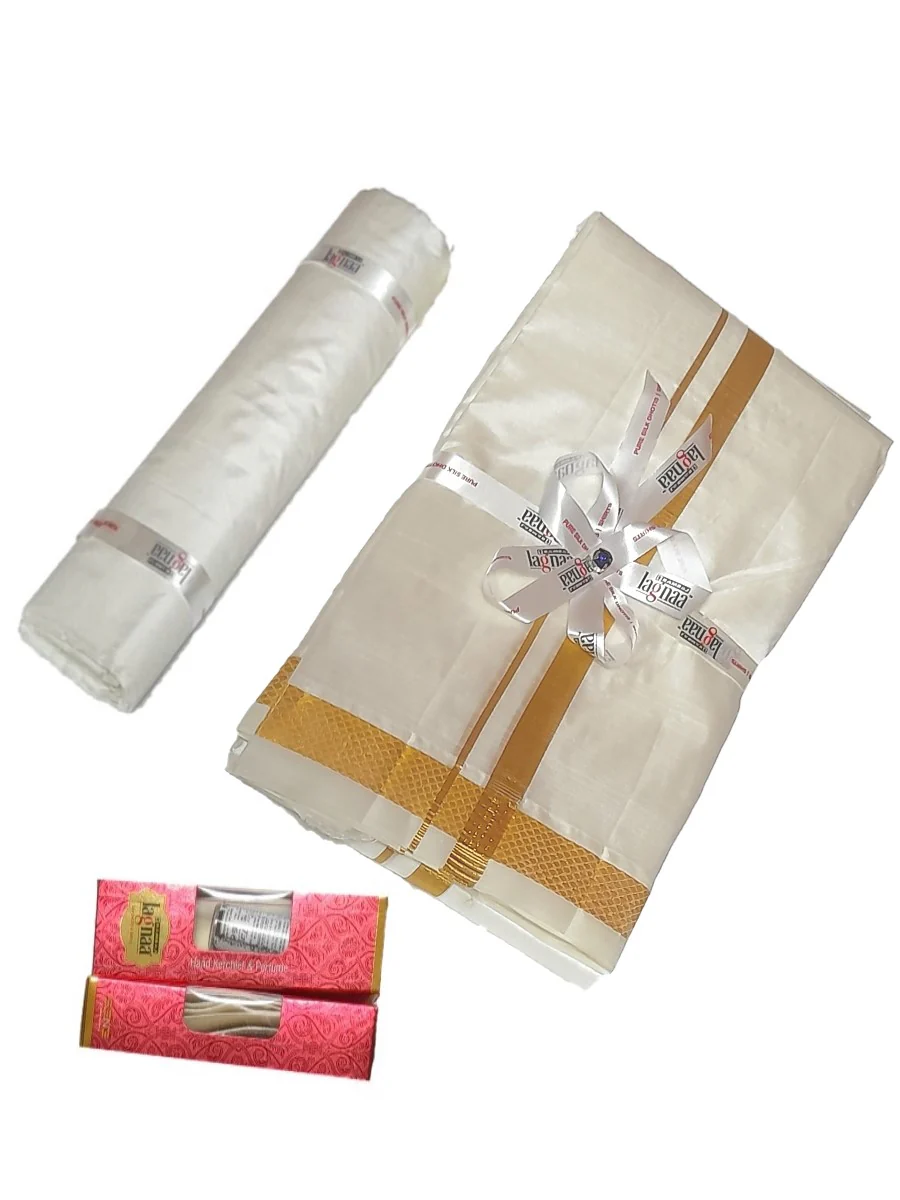 Men Pure Silk Cream with 3/4" inch Gold Jari Border Dhoti & Shirting Purna Mithra - Image 6