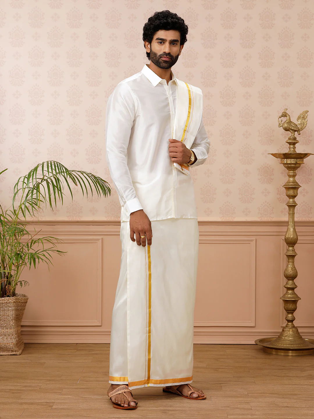Men Pure Silk Cream with 3/4" inch Jari Border Dhoti Shirt & Towel Set - Image 2