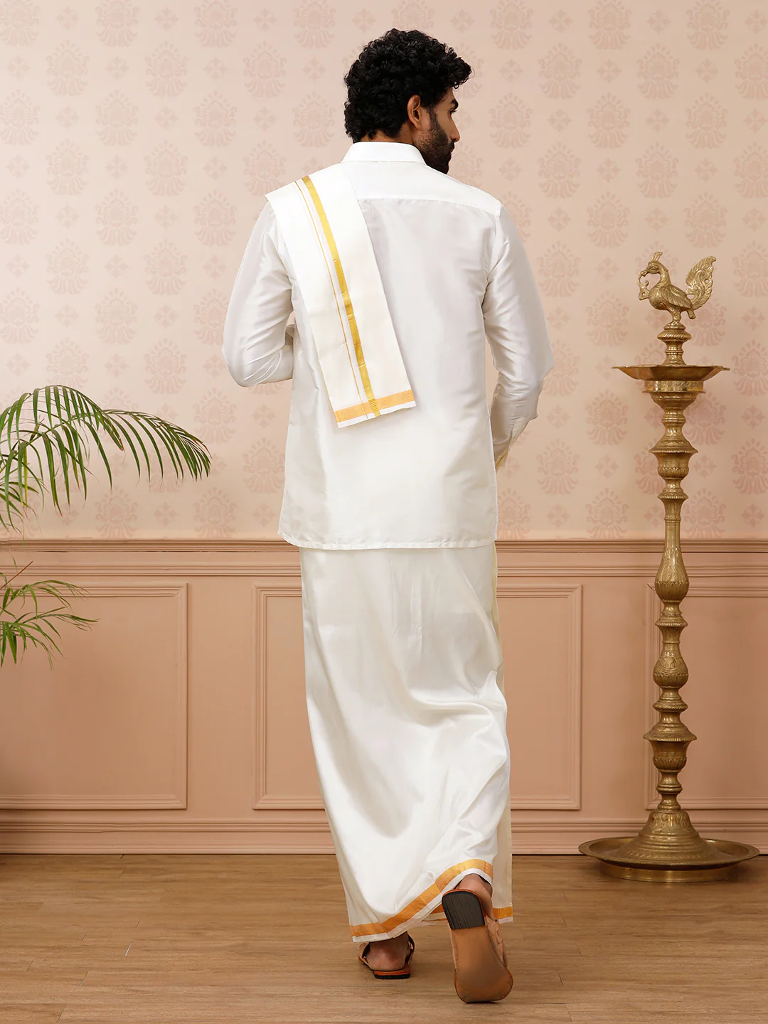 Men Pure Silk Cream with 3/4" inch Jari Border Dhoti Shirt & Towel Set - Image 3