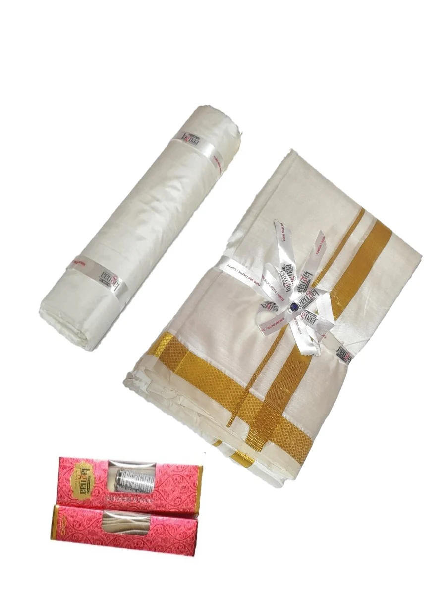 Men Pure Silk Cream with 3/4" inch Jari Border Dhoti Shirting & Towel Set Rajahamsa - Image 3