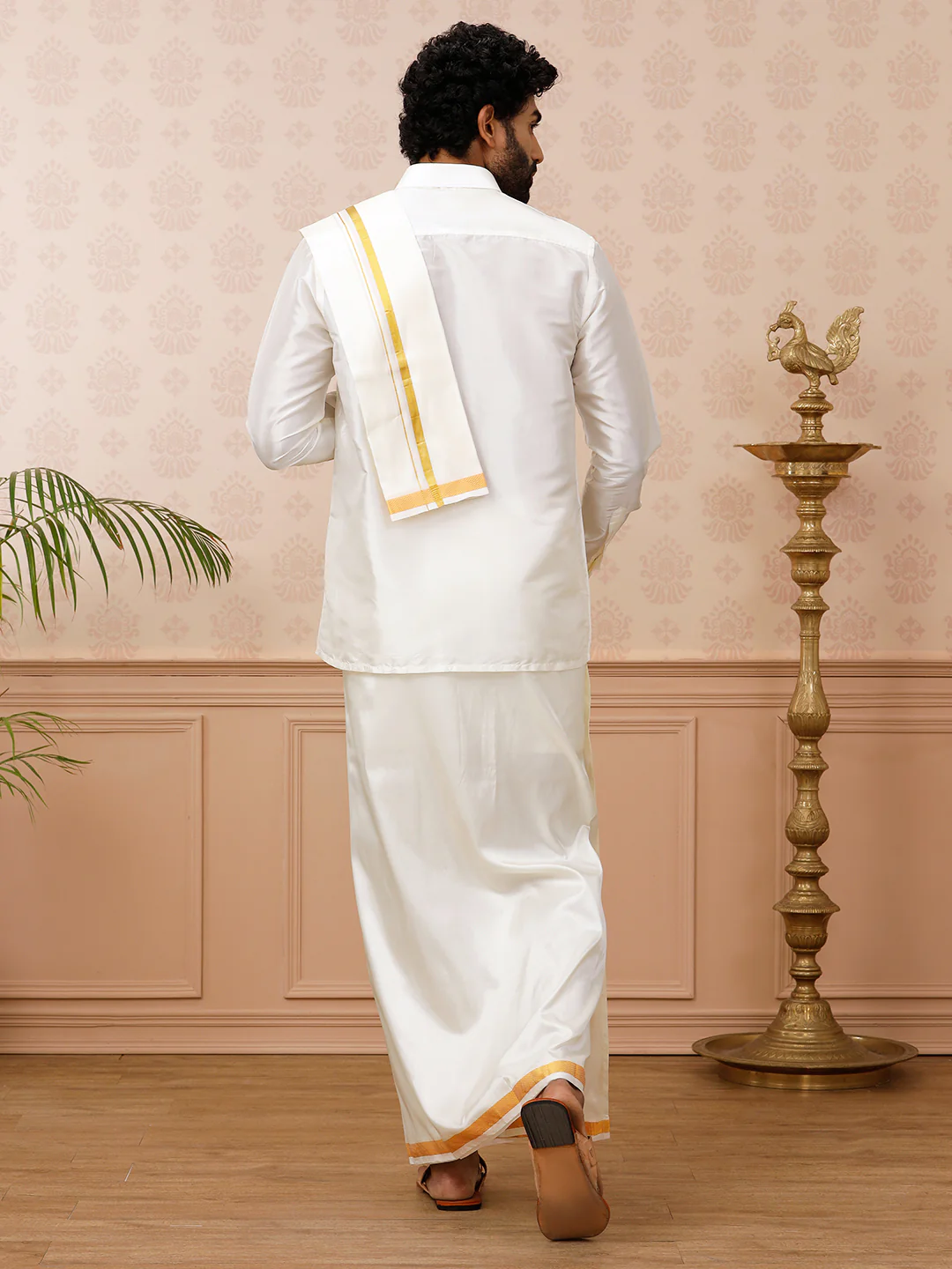 Men Pure Silk Cream with 3/4" inch Jari Border Dhoti Shirting & Towel Set Rajahamsa - Image 4