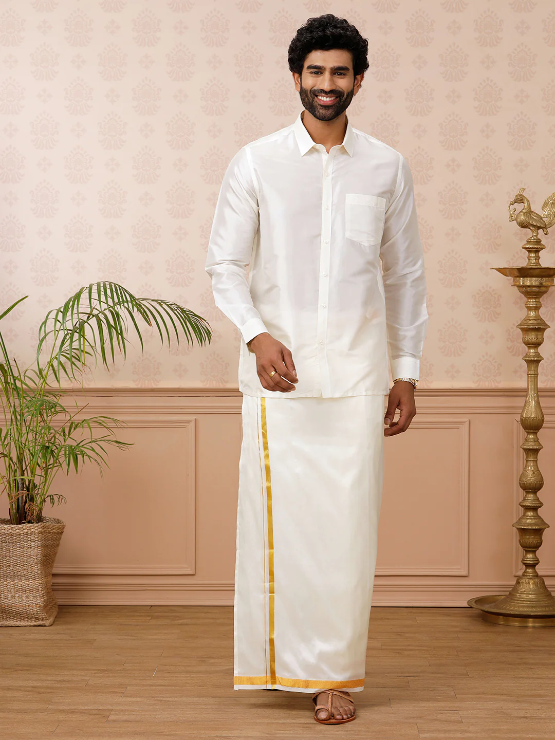 Men Pure Silk Cream with 3/4" inch Jari Border Double Layer Dhoti Thirukalyan 30K - Image 4