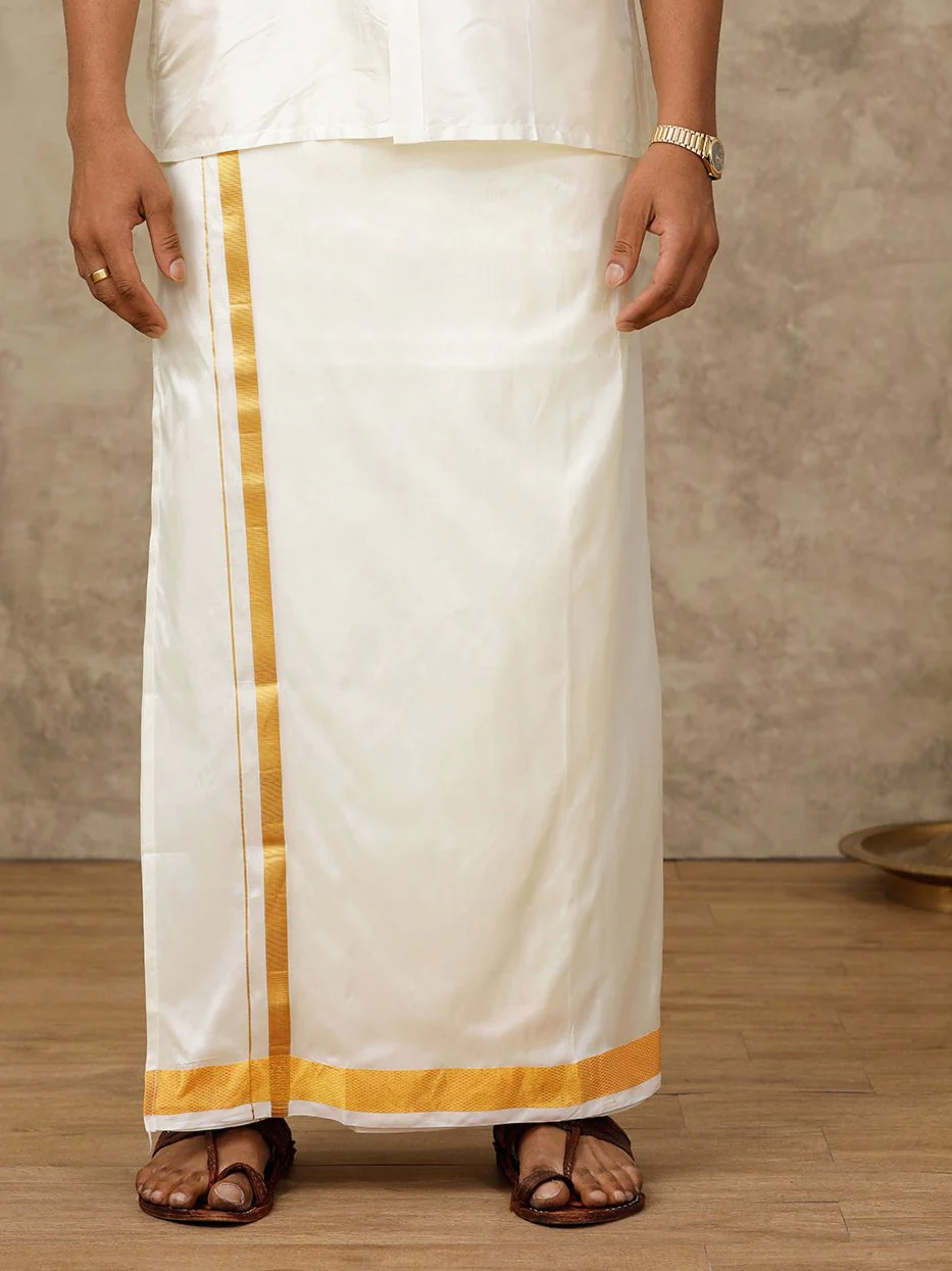 Men Pure Silk Double Layer Cream Dhoti with Jari Border Upasana - Image 3