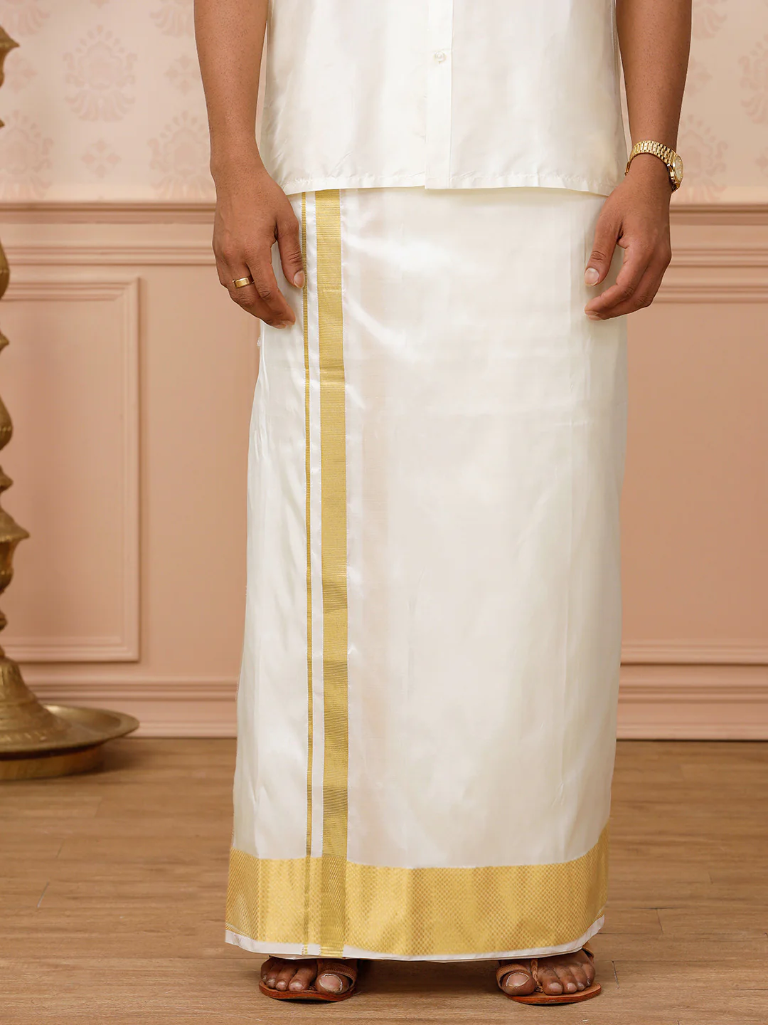 Men Pure Silk Double Layer Cream Dhoti with Jari Border Upasana - Image 4