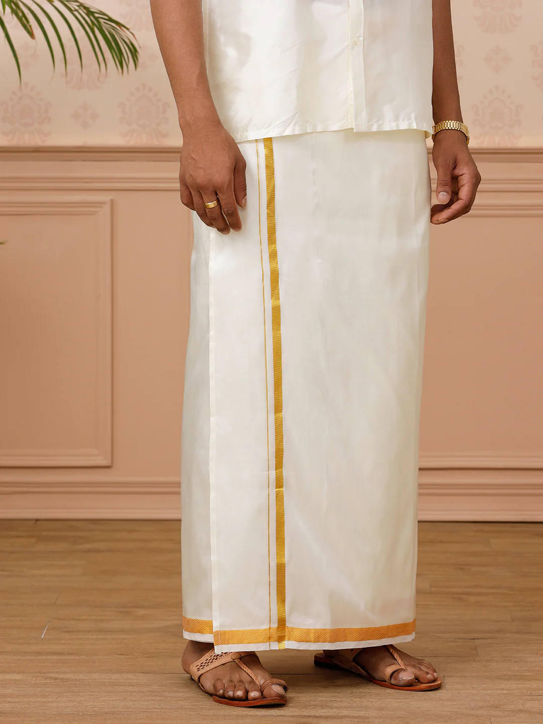 Men Pure Silk Double Layer Cream Dhoti with Jari Border Upasana - Image 5