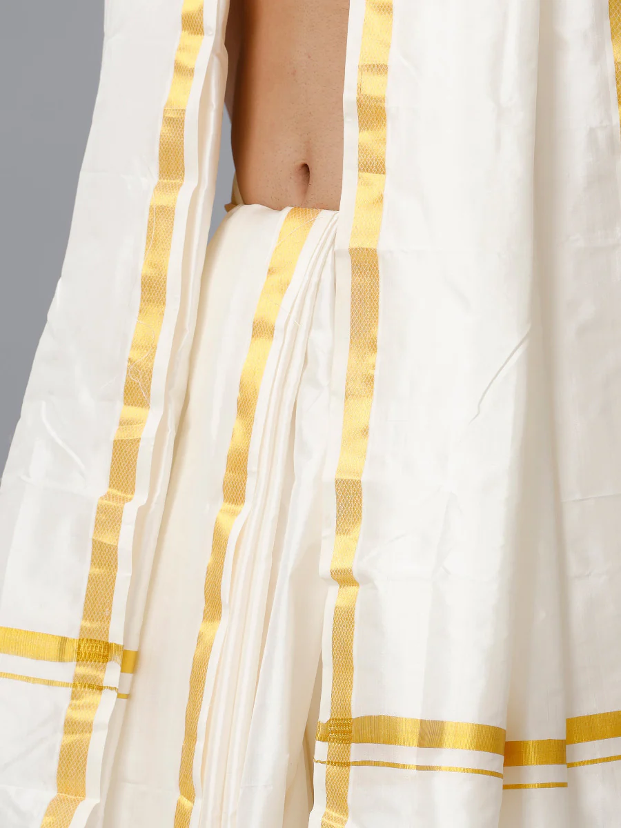 Men Pure Silk Cream with 3/4" inch Jari Border Panchakacham & Towel (9+5) Thirukalyan - Image 3