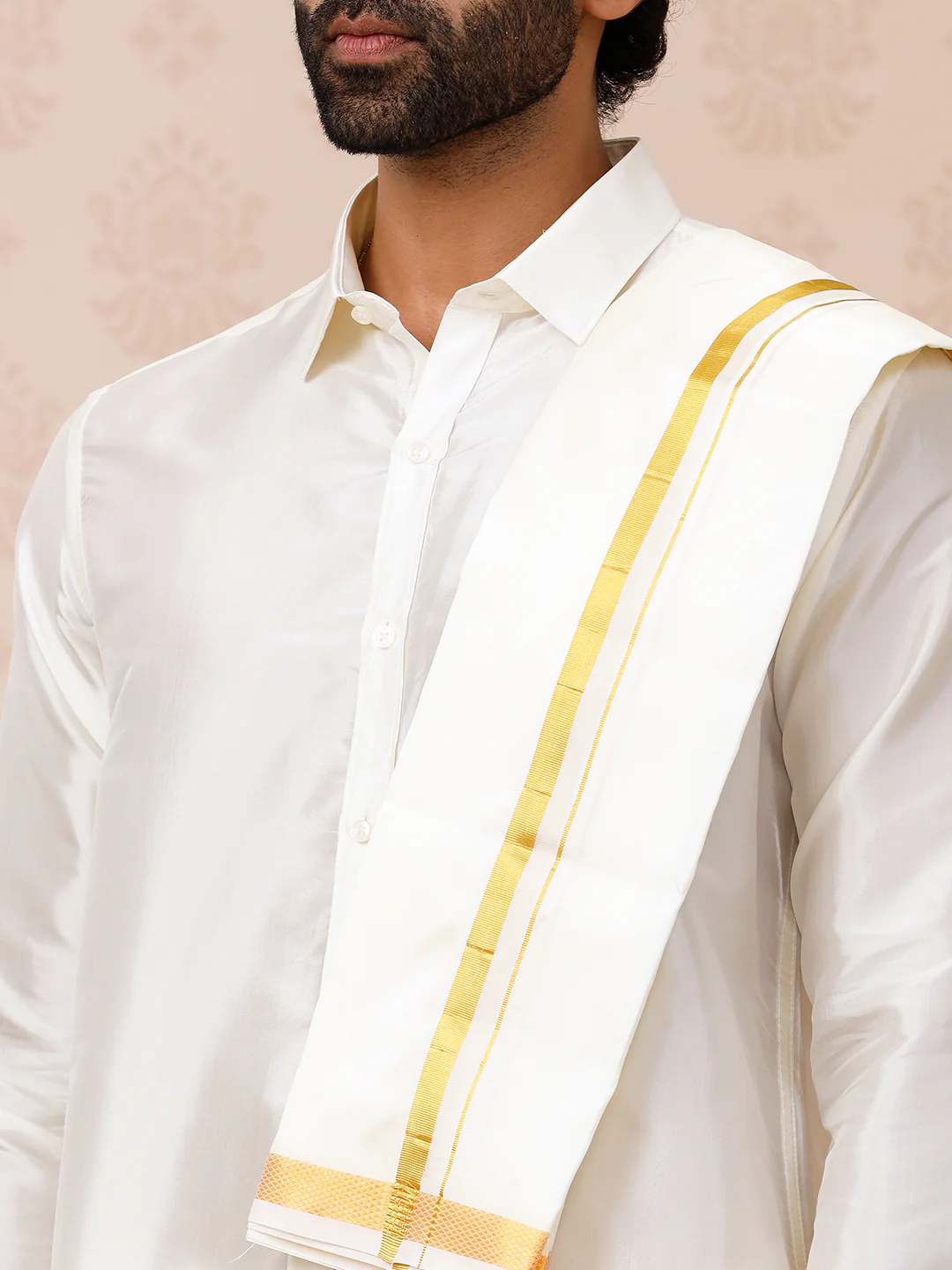 Men Pure Silk Cream with 3/4" inch Towel Rajahamsa - Image 2