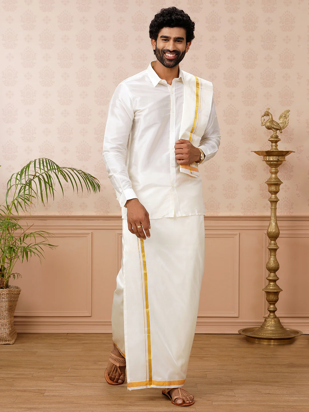 Men Pure Silk Cream with 3/4" inch Towel Rajahamsa - Image 3