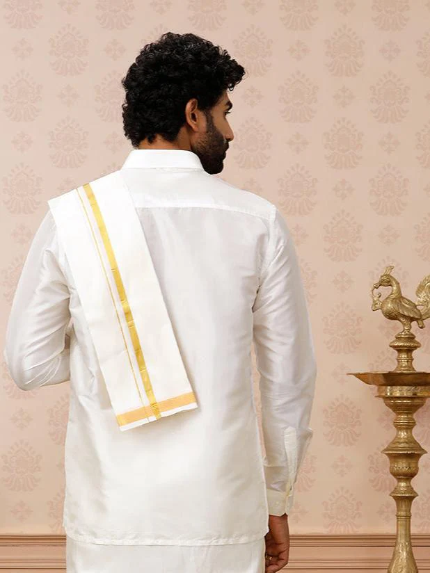Men Pure Silk Cream with 3/4" inch Towel Rajahamsa - Image 4