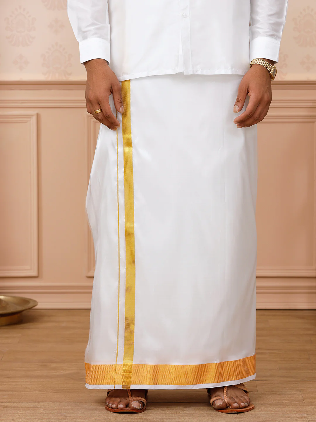 Men Pure Silk Double Layer White Dhoti with Gold Jari Border Upasana - Image 2