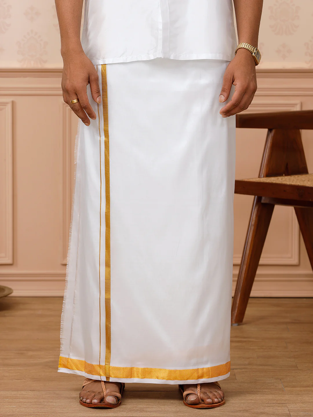 Men Pure Silk Double Layer White Dhoti with Gold Jari Border Upasana - Image 3
