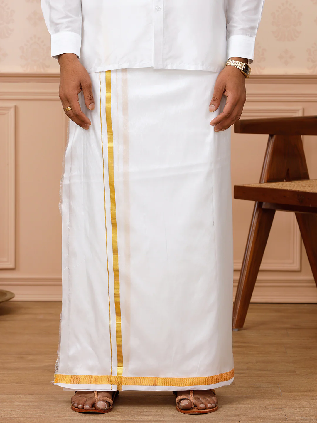 Men Pure Silk Double Layer White Dhoti with Gold Jari Border Upasana - Image 4