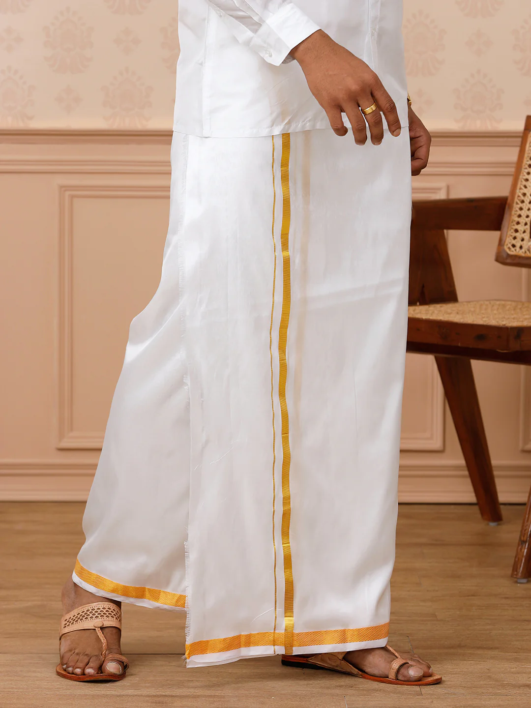 Men Pure Silk Double Layer White Dhoti with Gold Jari Border Upasana - Image 7