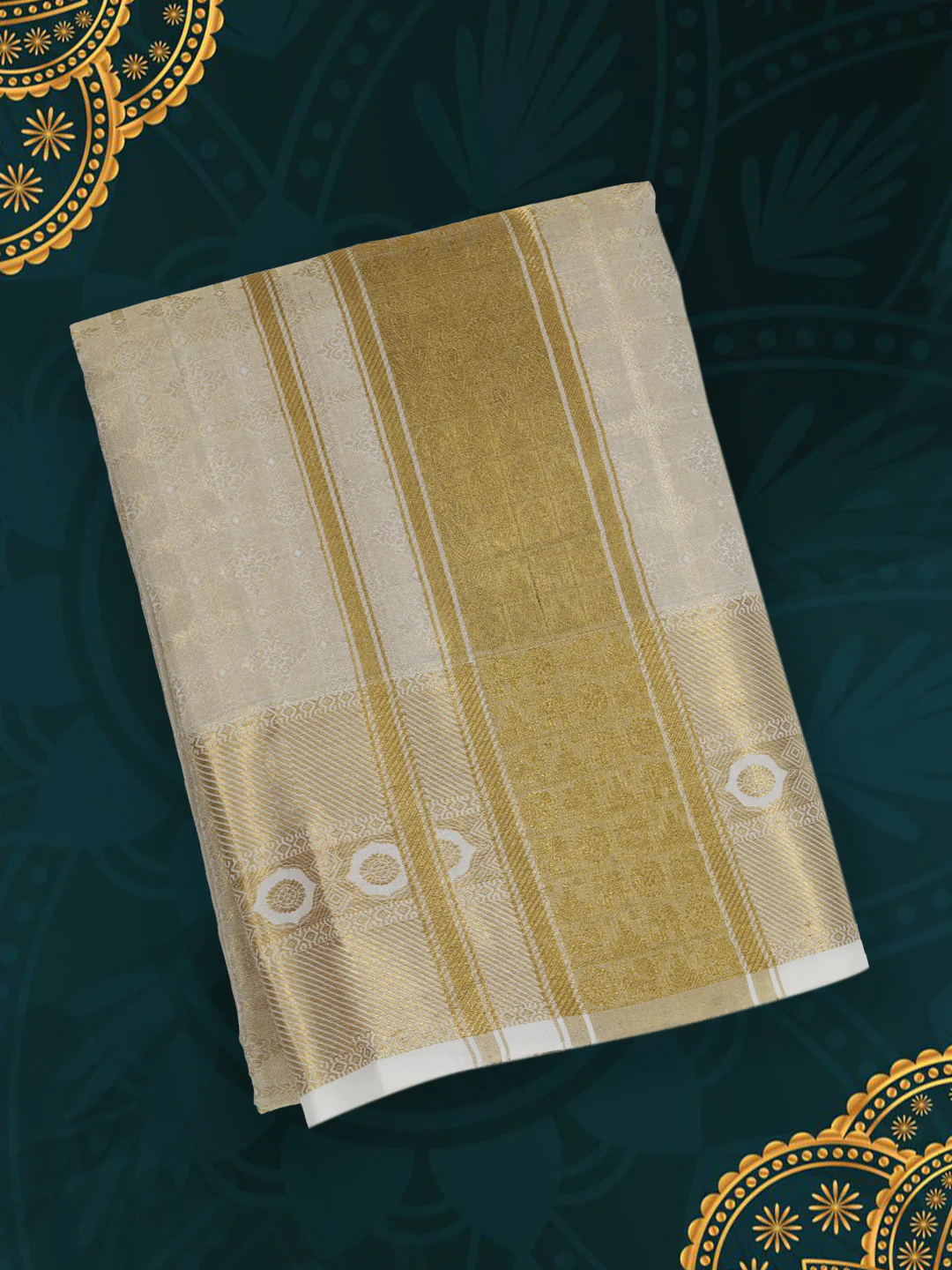 Men Pure Silk Tissue Embossed Golden Dhoti and Towel Set with 5" inch Jari Border Thirukalyan - Image 2