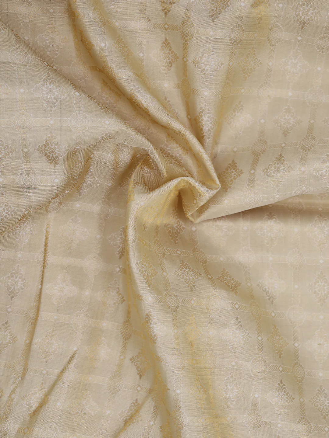 Men Pure Silk Tissue Embossed Golden Dhoti and Towel Set with 5" inch Jari Border Thirukalyan - Image 3