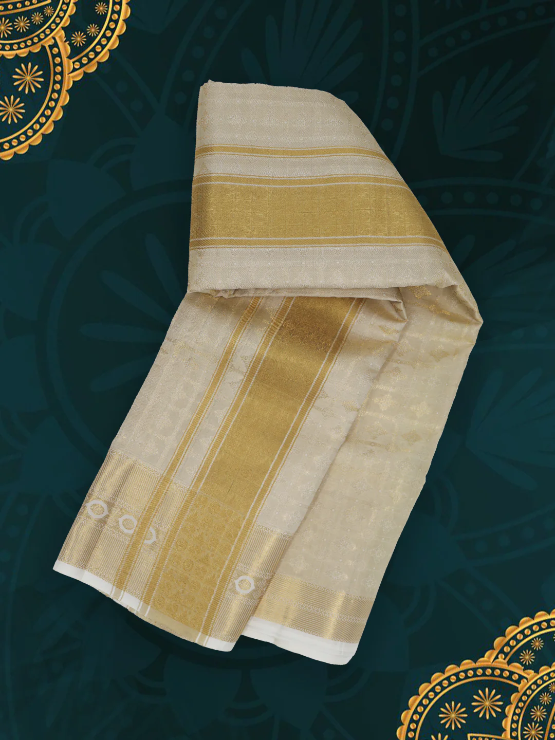 Men Pure Silk Tissue Embossed Golden Dhoti and Towel Set with 5" inch Jari Border Thirukalyan - Image 4