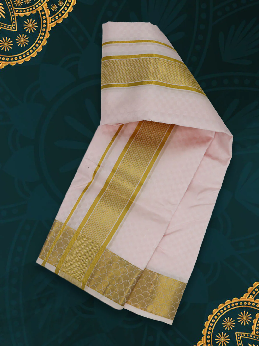 Men Pure Silk Embossed Light Pink Dhoti & Towel Set with 3" inch Gold Fancy Jari Border - Image 2