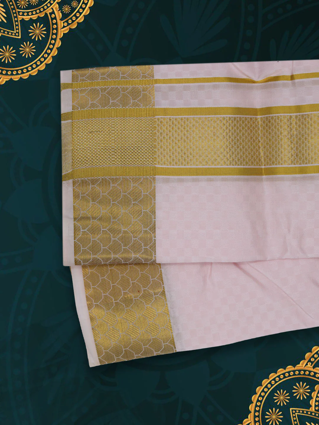Men Pure Silk Embossed Light Pink Dhoti & Towel Set with 3" inch Gold Fancy Jari Border - Image 4