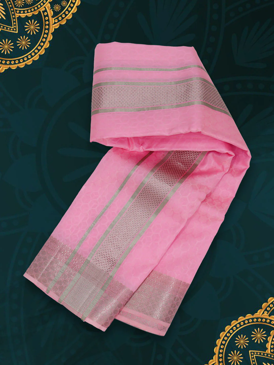 Men Pure Silk Embossed Pink Dhoti & Towel Set with 3" inch Silver Fancy Jari Border - Image 2