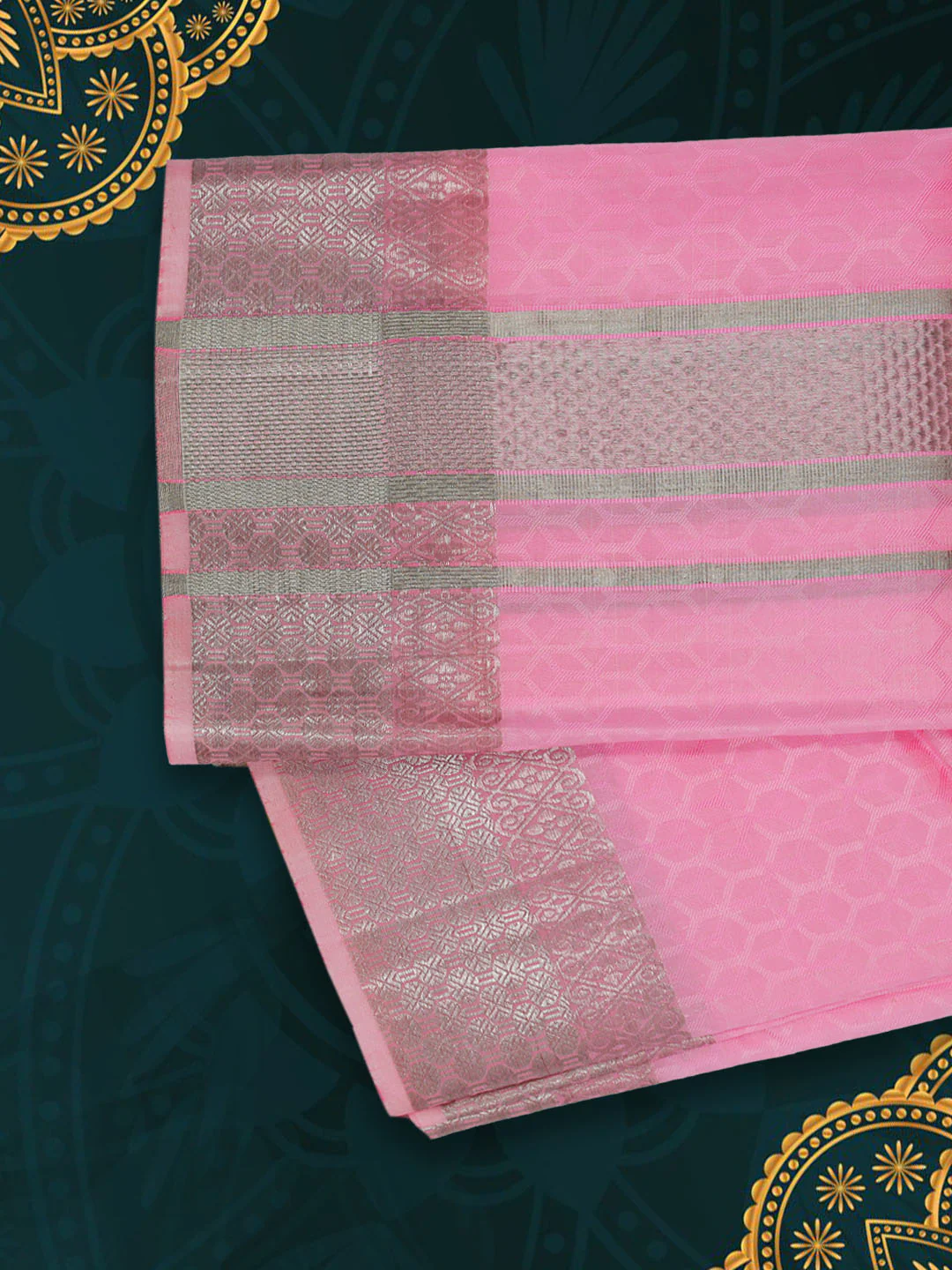 Men Pure Silk Embossed Pink Dhoti & Towel Set with 3" inch Silver Fancy Jari Border - Image 3