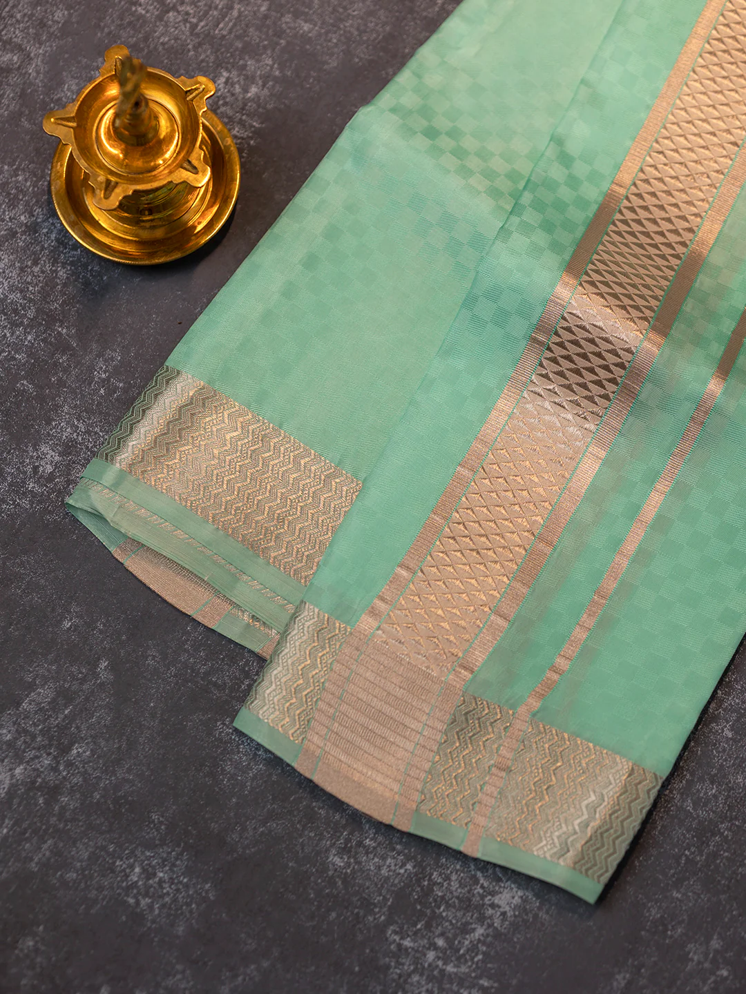 Men Pure Silk Green Dhoti Shirting & Towel Set with 2" inch Silver Jari Border RJ08 - Image 2