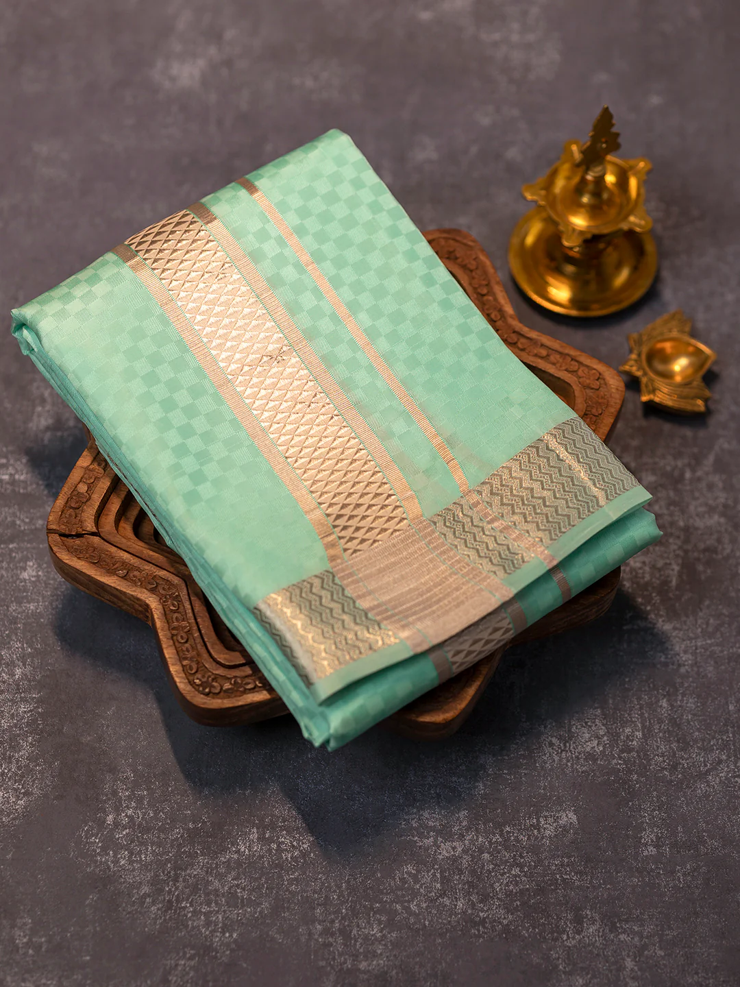 Men Pure Silk Green Dhoti Shirting & Towel Set with 2" inch Silver Jari Border RJ08 - Image 3
