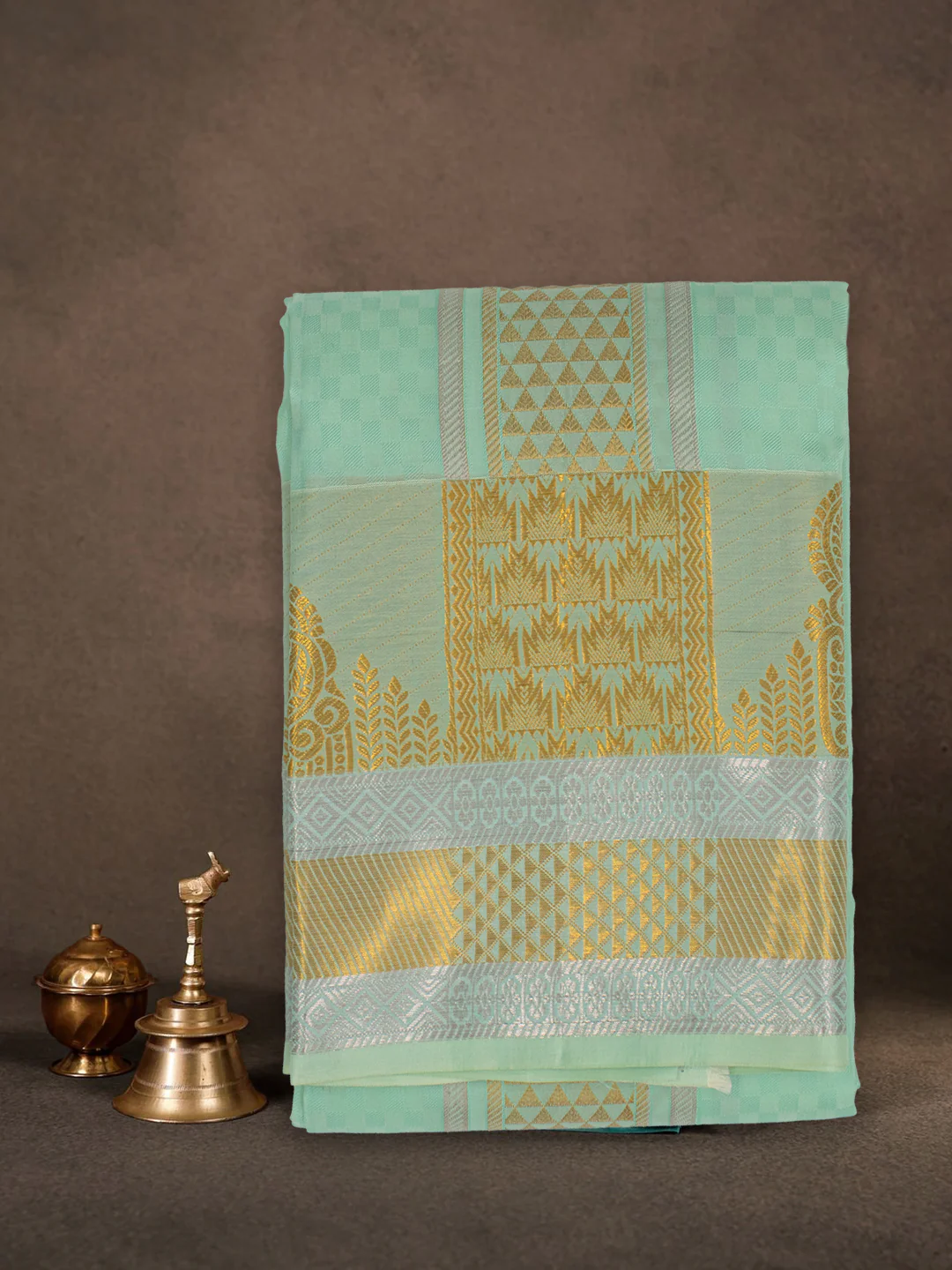 Men Pure Silk Green Dhoti & Towel Set with 4" inch Silver Jari Border TKC13 - Image 2