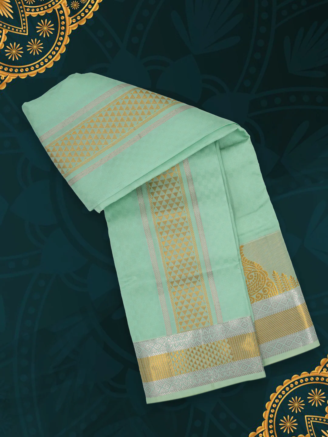 Men Pure Silk Green Dhoti & Towel Set with 4" inch Silver Jari Border TKC13 - Image 3