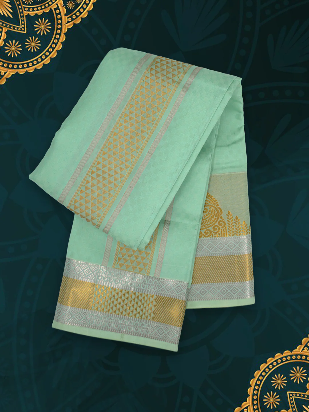 Men Pure Silk Green Dhoti & Towel Set with 4" inch Silver Jari Border TKC13 - Image 5