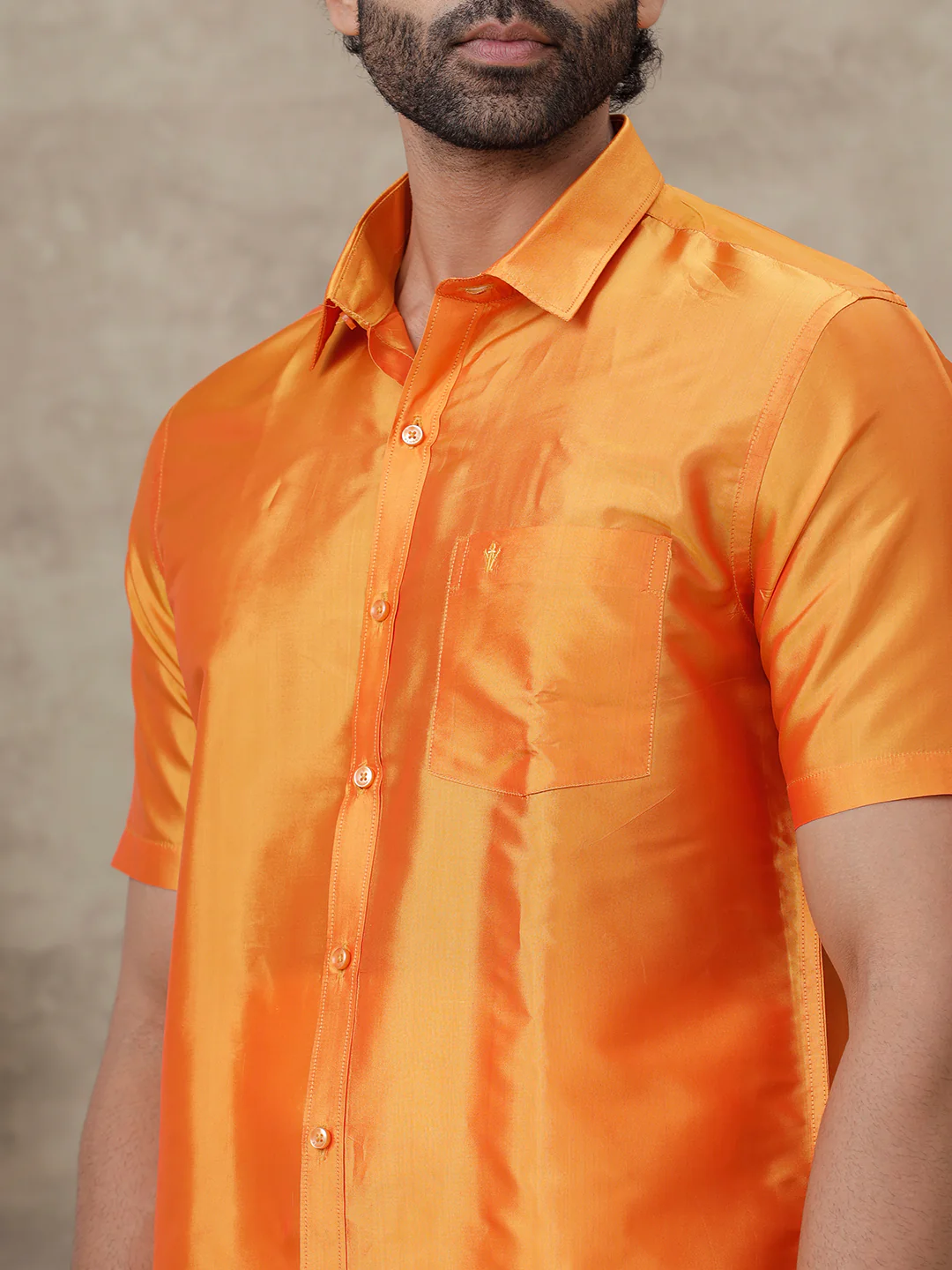 Men Pure Silk Half Sleeves Shirt Golden Orange - Image 2